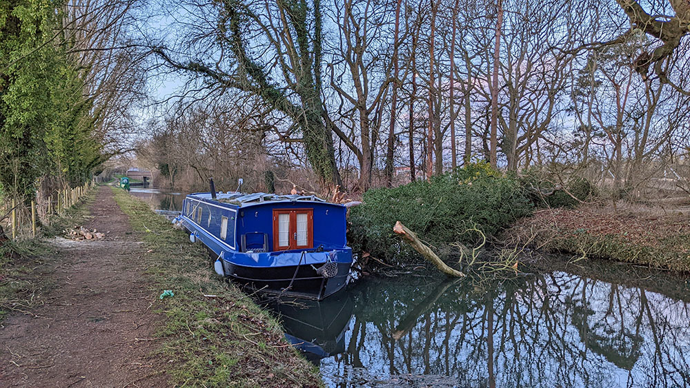 Picture of a canal boat hit by a fallen tree