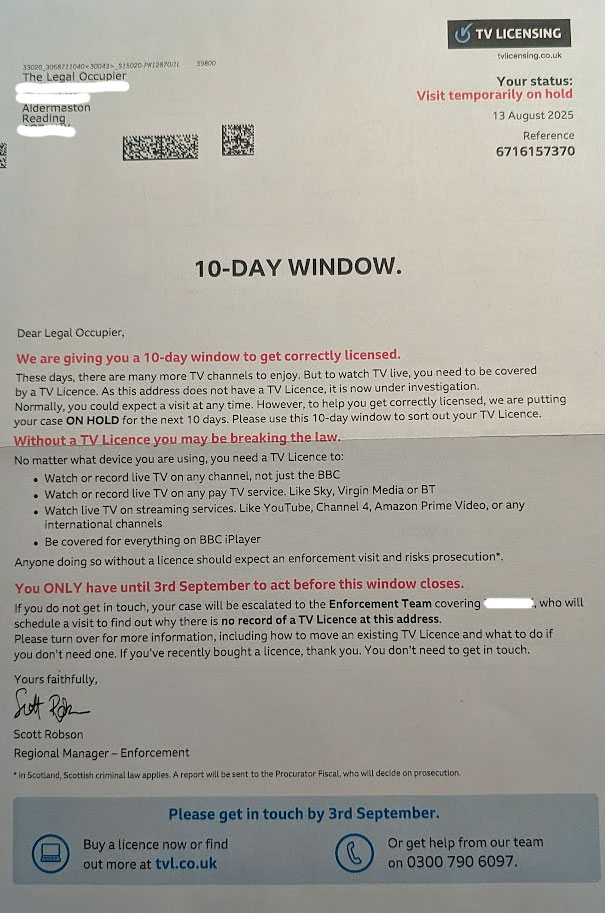 Picture of a letter from TV Licensing about a 10-Day window