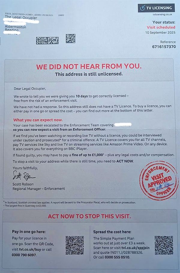 Picture of a letter from TV Licensing saying they still haven't heard from me