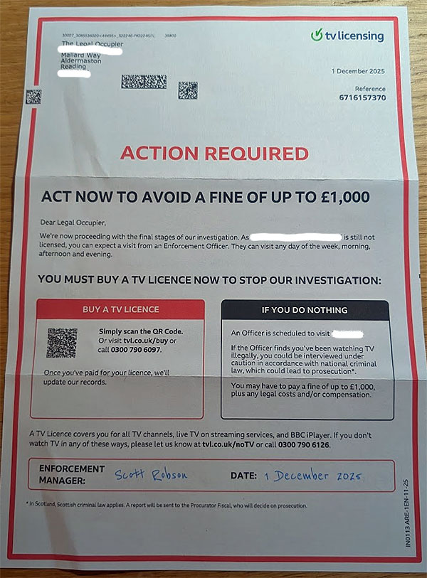 Picture of a threatening letter from TV Licensing in December